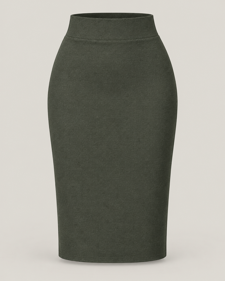 Luna Moda high-waisted olive green pencil skirt in structured matte fabric for professional office wear.