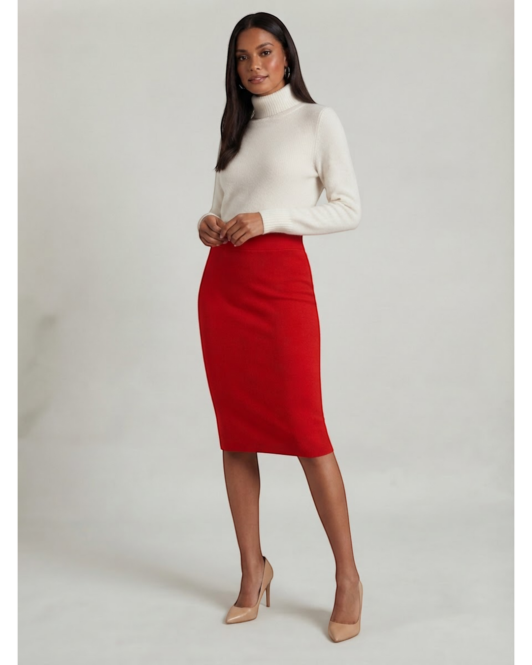 Luna Moda high-waisted red structured midi skirt worn by a model with a white turtleneck and beige heels