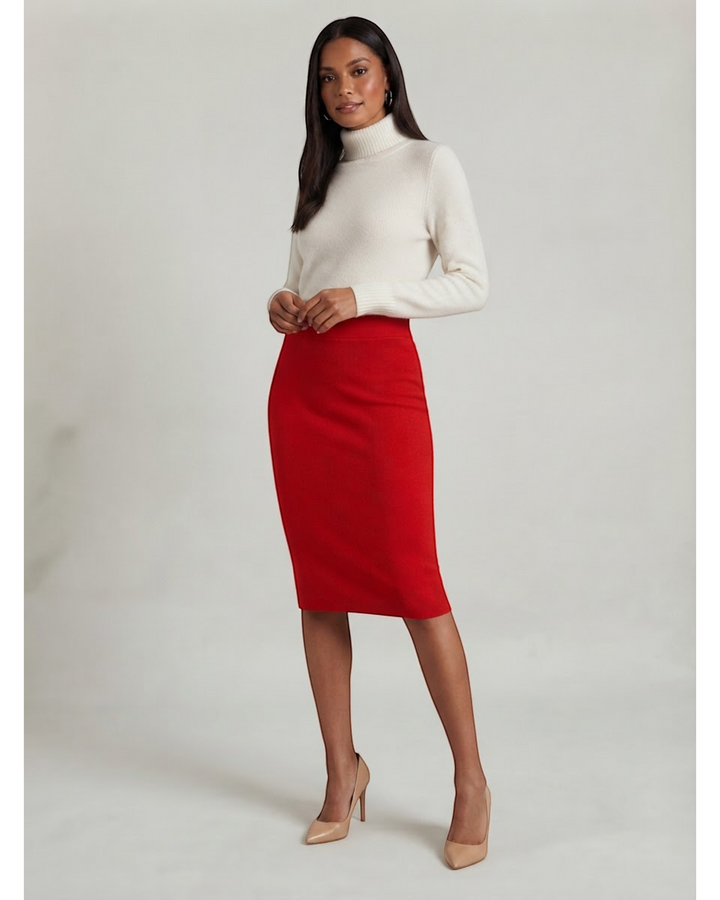 Luna Moda high-waisted red structured midi skirt worn by a model with a white turtleneck and beige heels