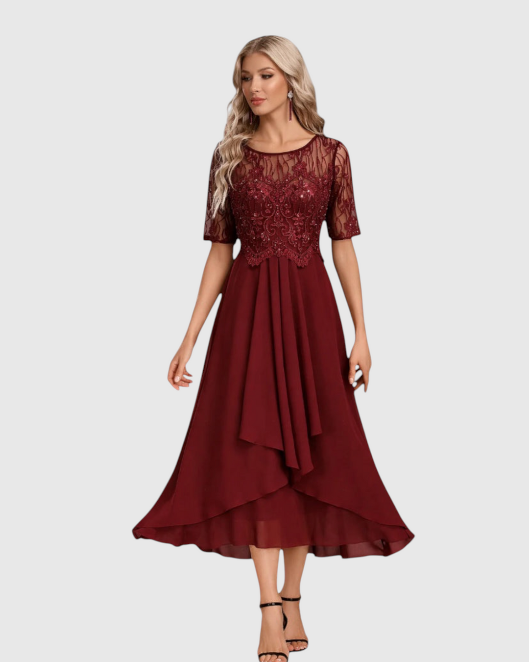 Luna Moda burgundy midi dress with short lace sleeves, round neckline, and a flowing chiffon skirt for formal events.