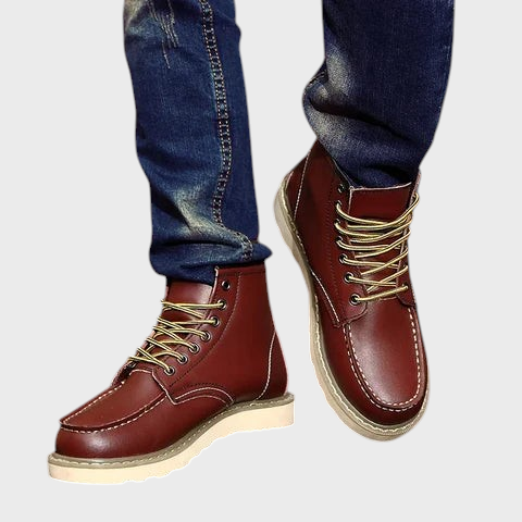 Luna Moda Daniele retro brown leather lace-up boots with white soles worn with blue jeans
