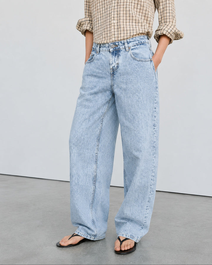 Luna Moda high-waisted baggy jeans in light vintage wash denim with a relaxed wide-leg fit on a model