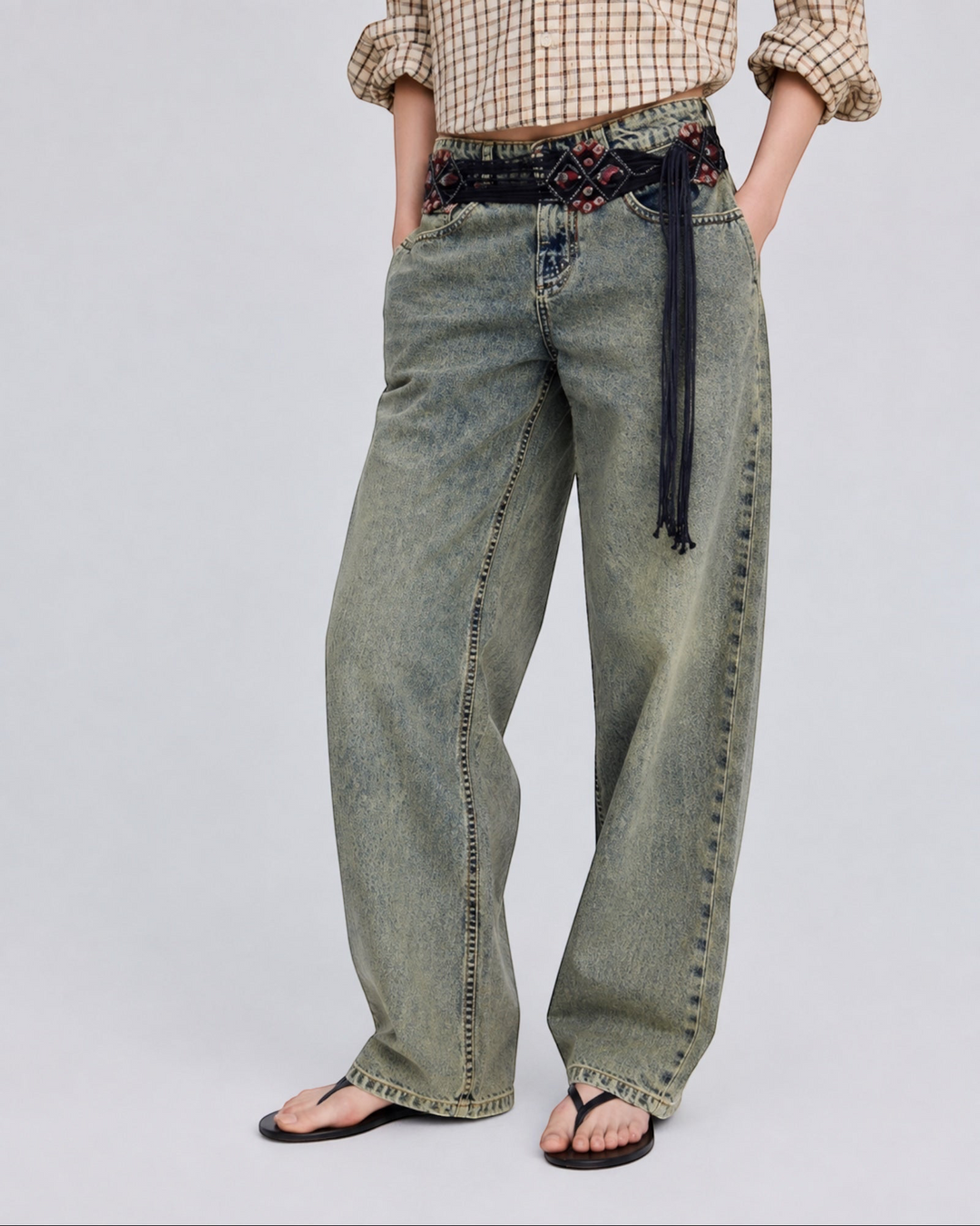 Luna Moda high-waisted baggy jeans in a vintage washed denim finish with a decorative embroidered belt