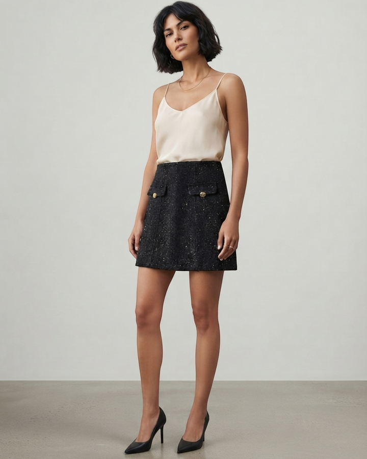 Luna Moda Tasha black textured mini skirt with gold buttons and functional pockets worn by a model