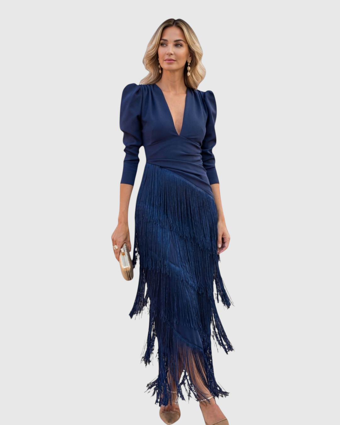 Luna Moda Sofia navy blue V-neck midi dress with long sleeves, waist draping, and a cascading fringe skirt detail.