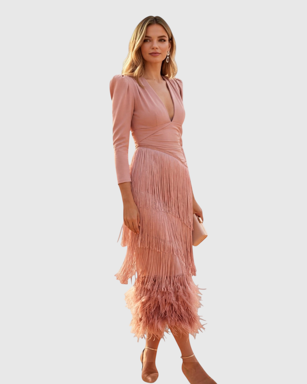 Luna Moda Sofia midi dress in dusty pink with V-neck, waist draping, layered fringe, and feather hem for events.