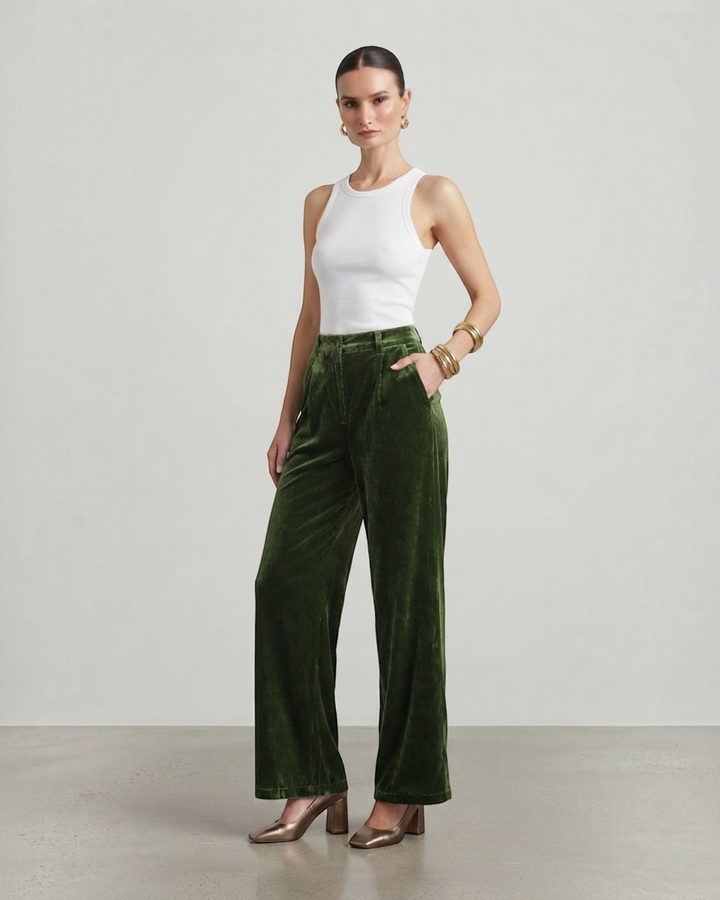 Luna Moda high-waisted wide-leg velvet trousers in deep green paired with a white tank top