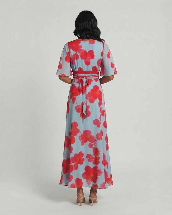 Luna Moda Valentina maxi dress in light blue with red floral print, featuring a tie-waist and flowing silhouette.