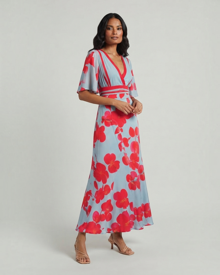 Luna Moda Valentina maxi dress with deep V-neck, flutter sleeves, and vibrant red floral print on light blue fabric.