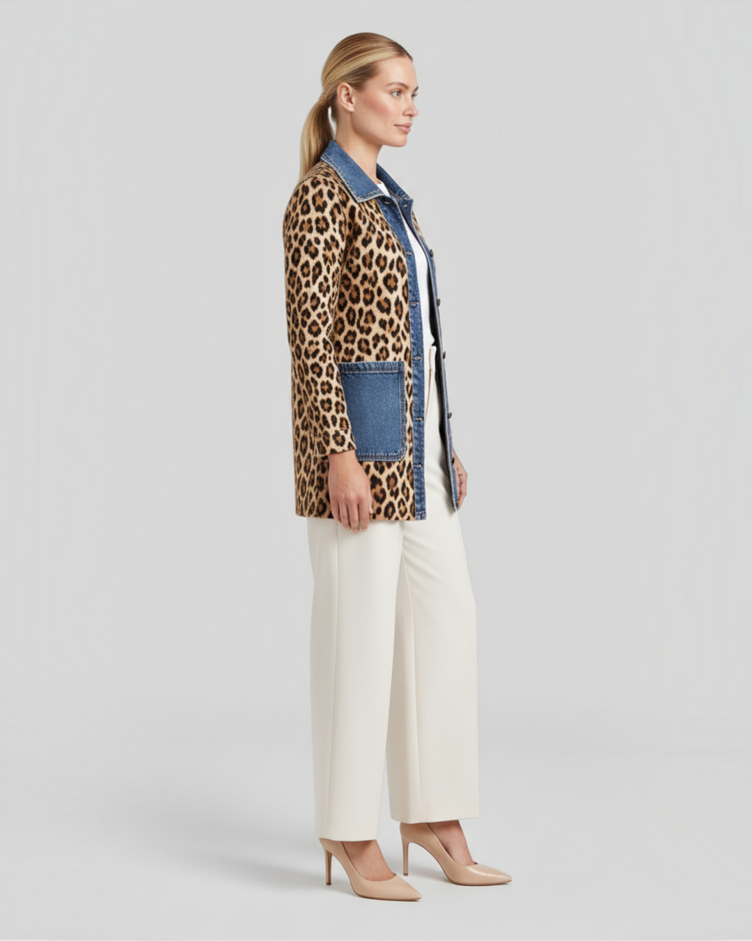 Luna Moda Nora long jacket featuring a leopard print body with blue denim collar and pockets on a model