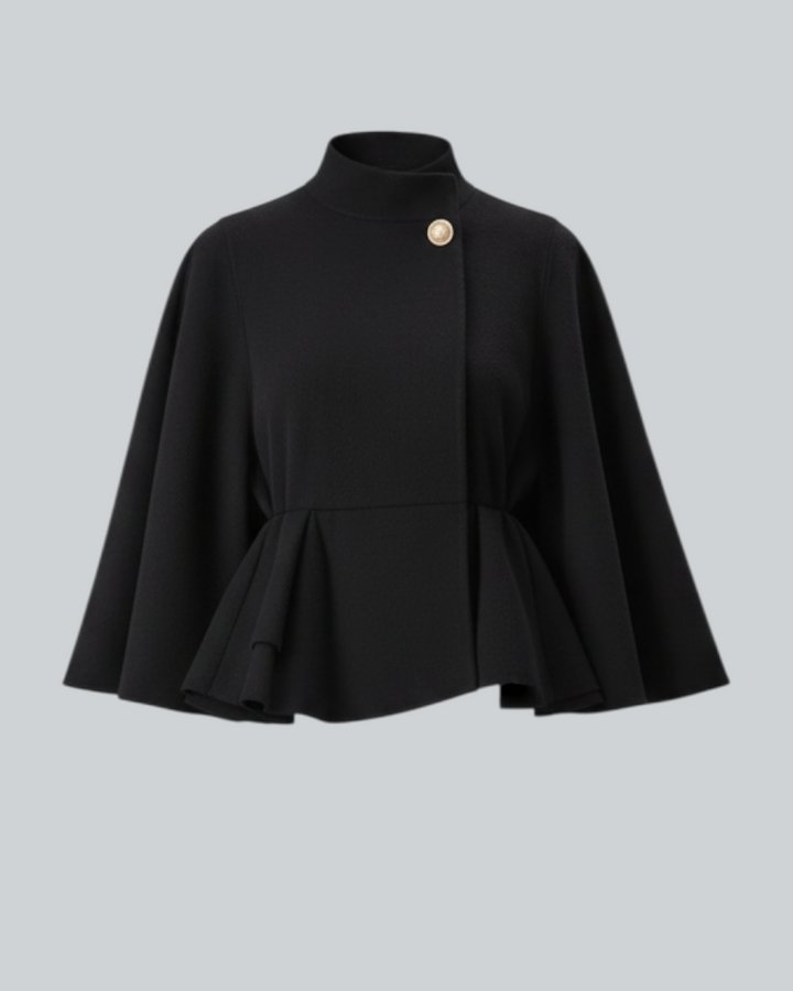 Luna Moda Serena black coat featuring elegant butterfly sleeves, a high collar, and a single gold button closure.