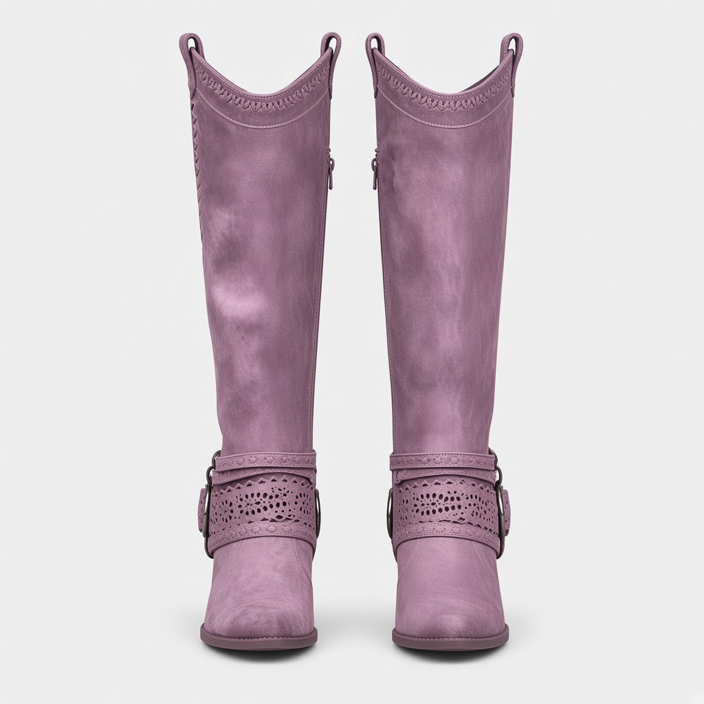 Luna Moda knee-high cowboy boots in mauve suede with decorative laser-cut buckle straps and low stable heels