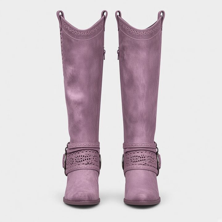 Luna Moda knee-high cowboy boots in mauve suede with decorative laser-cut buckle straps and low stable heels