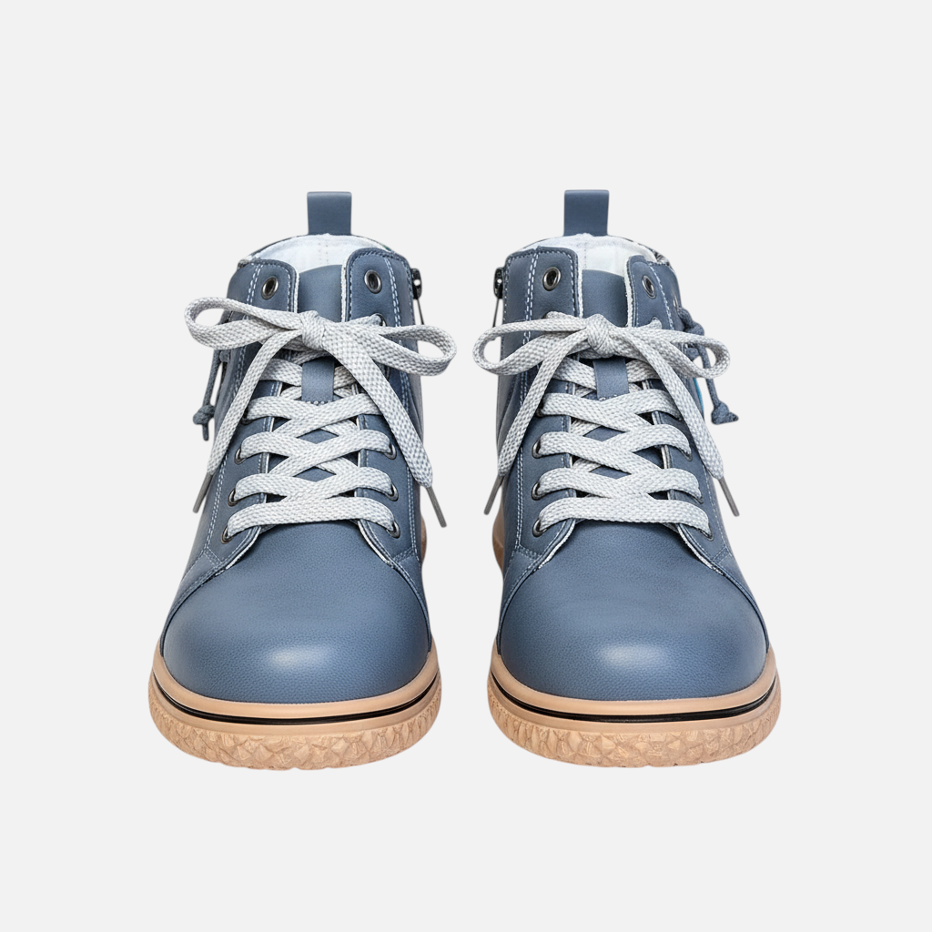 Luna Moda EDUARDA blue leather ankle boots with grey laces and a textured tan rubber sole, front view