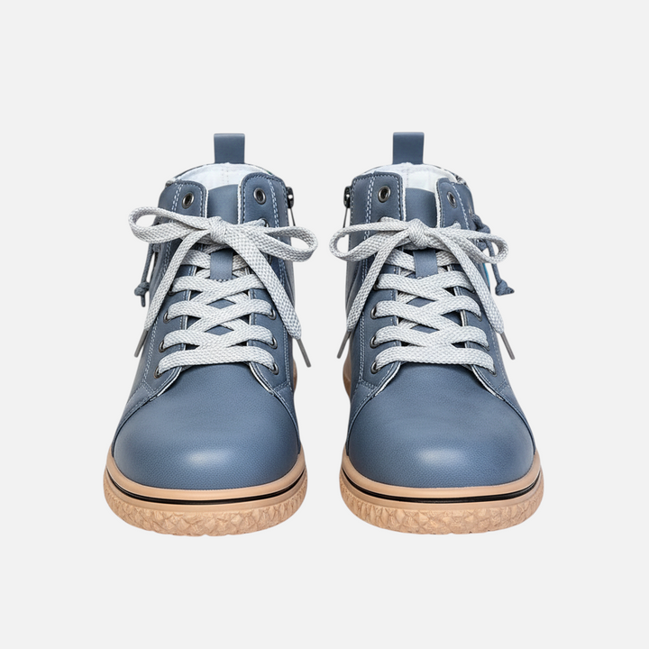 Luna Moda EDUARDA blue leather ankle boots with grey laces and a textured tan rubber sole, front view