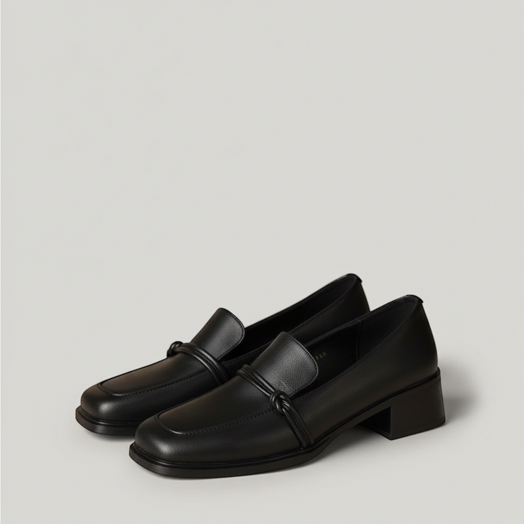 Luna Moda Aurea black leather loafers with a block heel and decorative bow detail on a neutral background