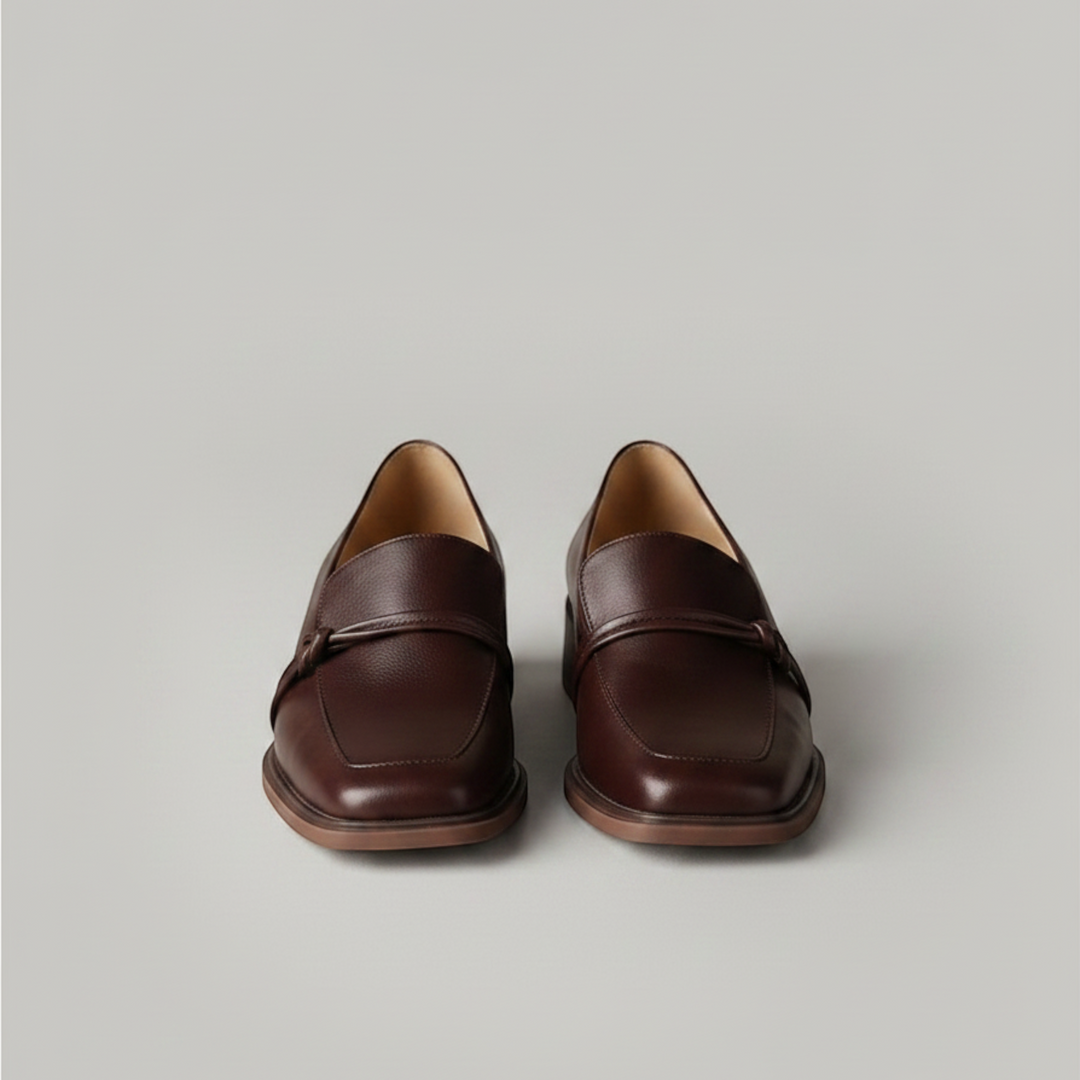 Luna Moda dark brown leather loafers with a block heel and decorative bow detail on the upper