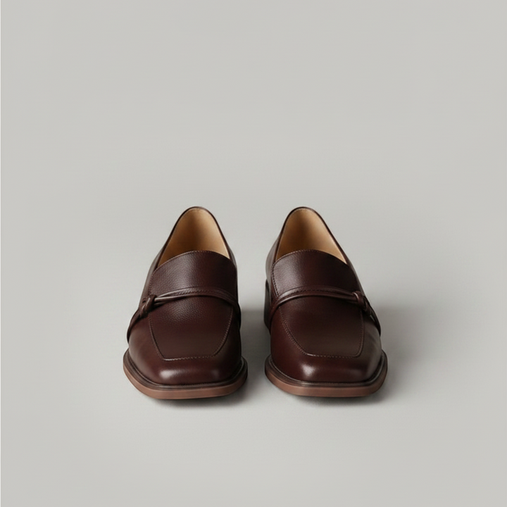 Luna Moda dark brown leather loafers with a block heel and decorative bow detail on the upper