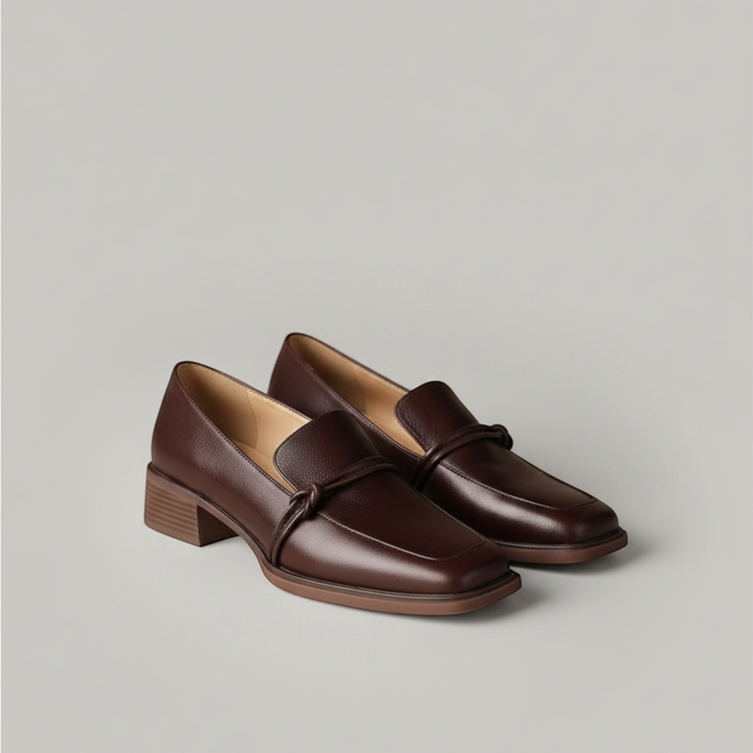 Luna Moda Aurea dark brown leather loafers with a block heel and decorative knot detail on the square toe