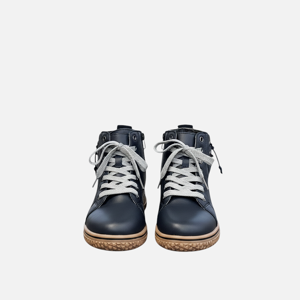 Luna Moda EDUARDA black leather ankle boots with grey laces and a textured tan rubber sole, front view.
