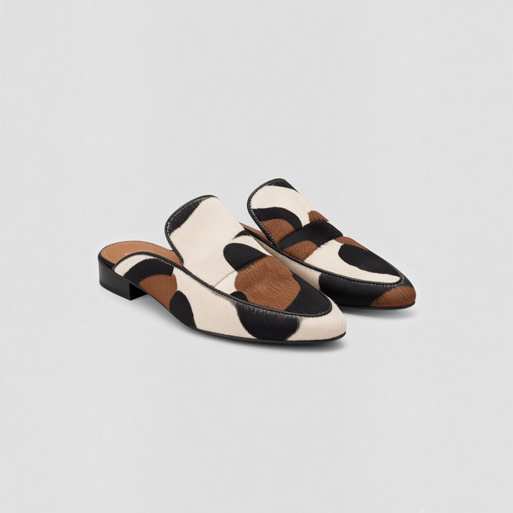 Luna Moda Roberta slingback loafers in a multi-colored cow print calf hair with a sleek, slip-on design.