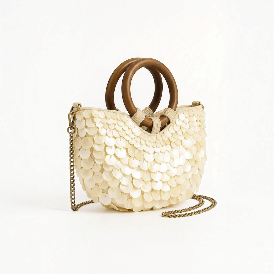 Enza – Mini borsa a mano con manici in legno in crema | Luna Moda