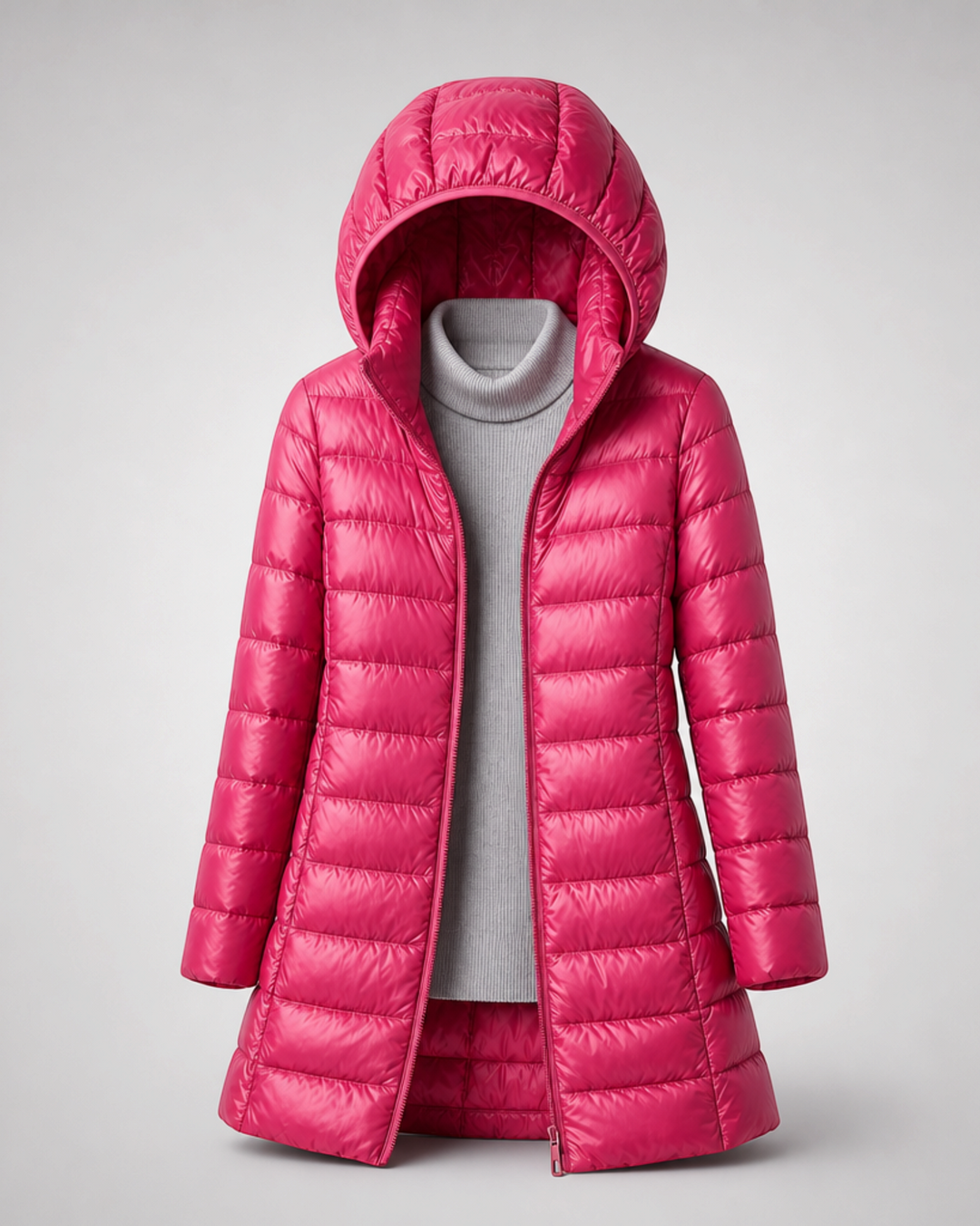 CLELIA, giacca lunga trapuntata fucsia con cappuccio – Luna Moda