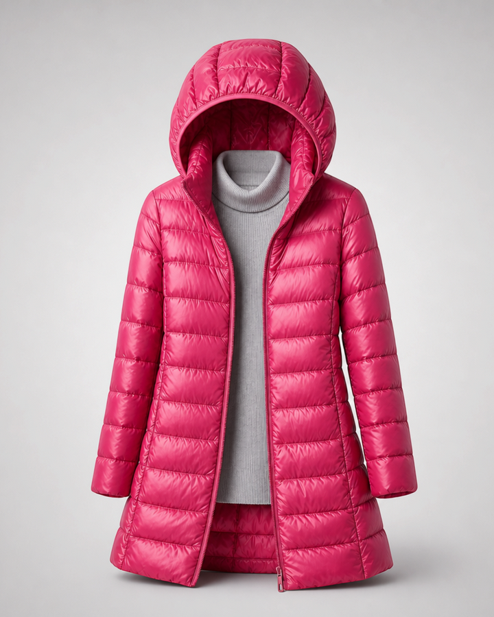 CLELIA, giacca lunga trapuntata fucsia con cappuccio – Luna Moda