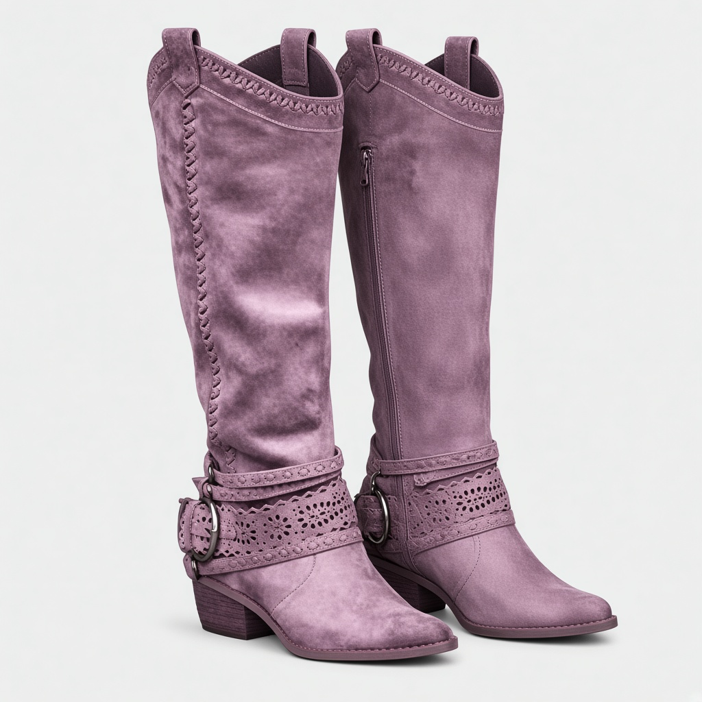 Luna Moda mauve suede cowboy boots with decorative buckles, intricate stitching, and low stable heels.