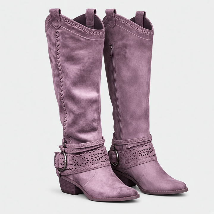 Luna Moda mauve suede cowboy boots with decorative buckles, intricate stitching, and low stable heels.