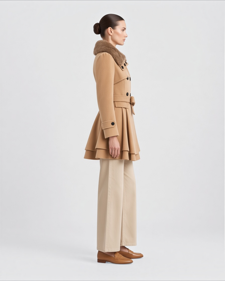 Luna Moda Ernestina flared camel coat with faux fur collar and belted waist worn by a model in profile view