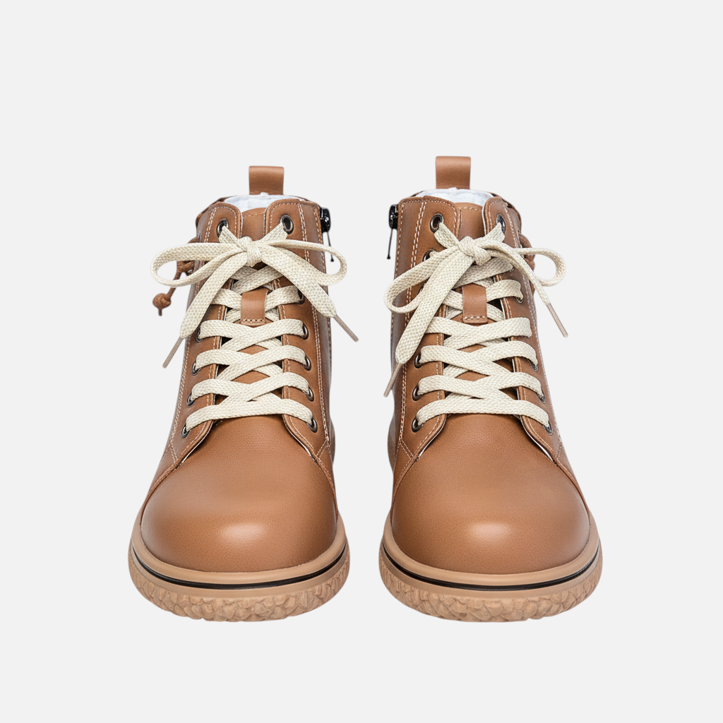 Luna Moda EDUARDA tan leather ankle boots with cream laces and a textured rubber sole in a front view.