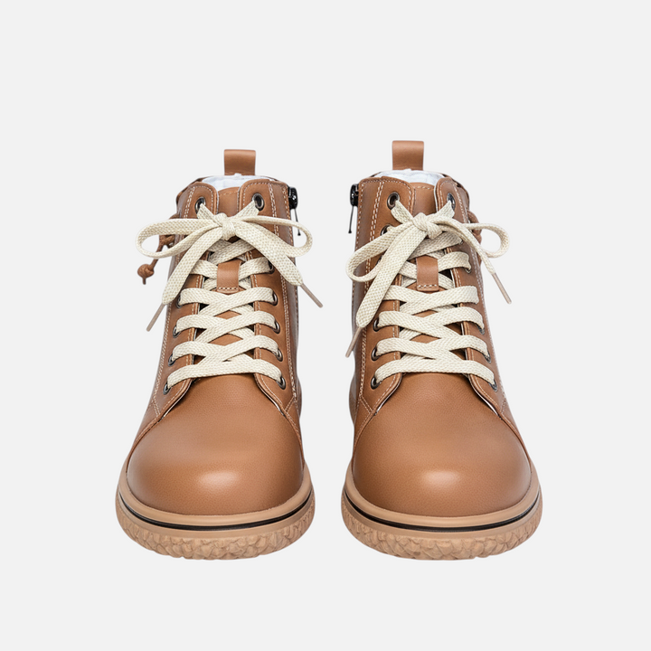 Luna Moda EDUARDA tan leather ankle boots with cream laces and a textured rubber sole in a front view.