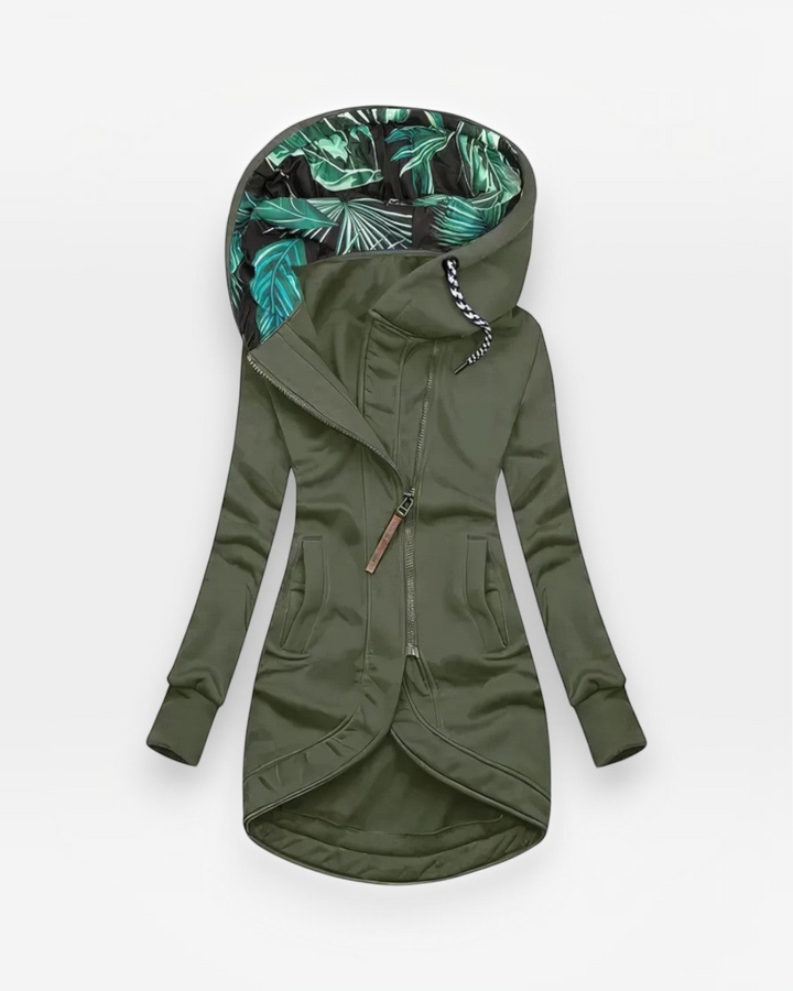 Luna Moda olive green fitted coat with a tropical leaf print hood lining and an asymmetrical front zipper closure