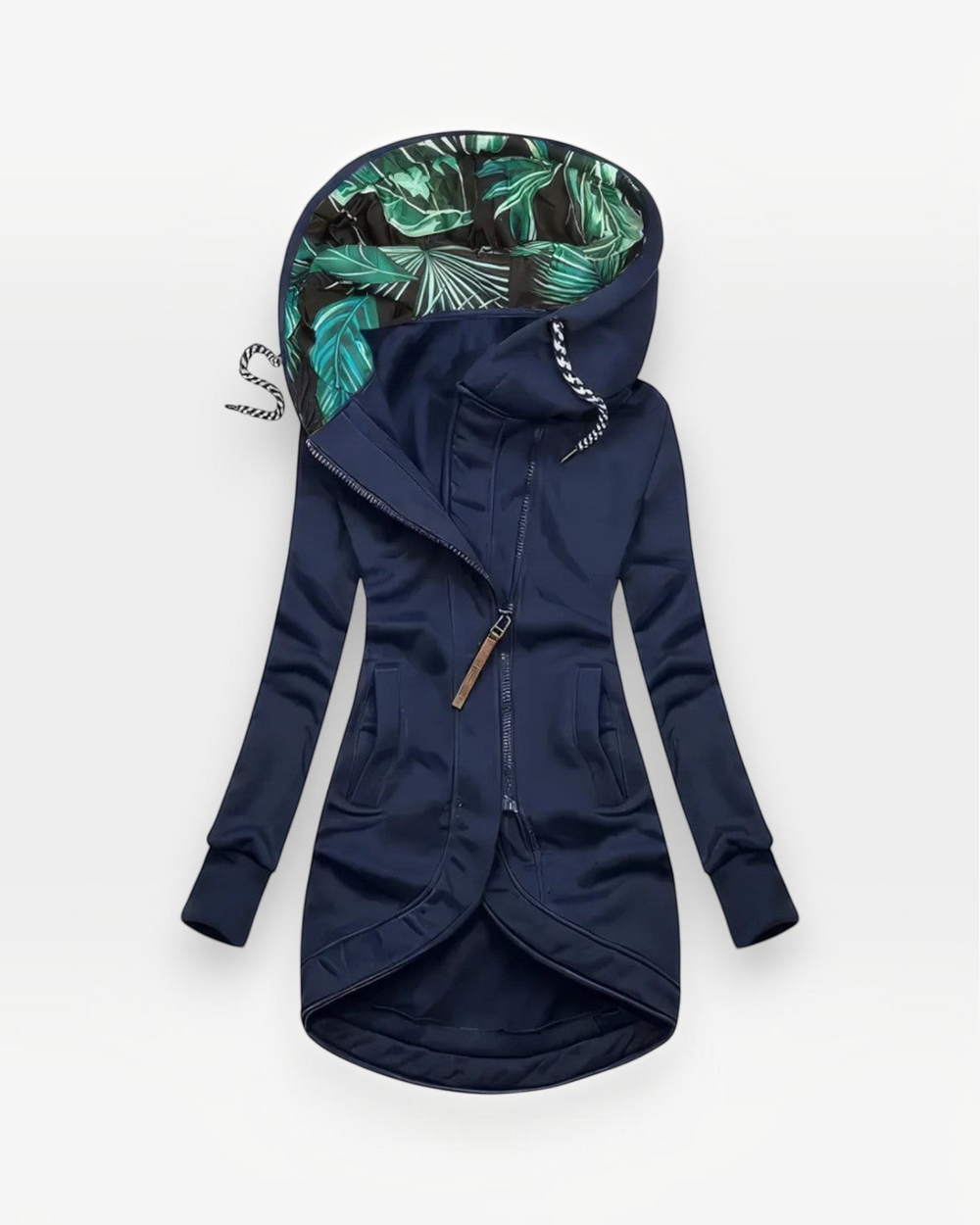 Luna Moda navy blue fitted coat with a tropical leaf print hood lining and asymmetrical front zipper