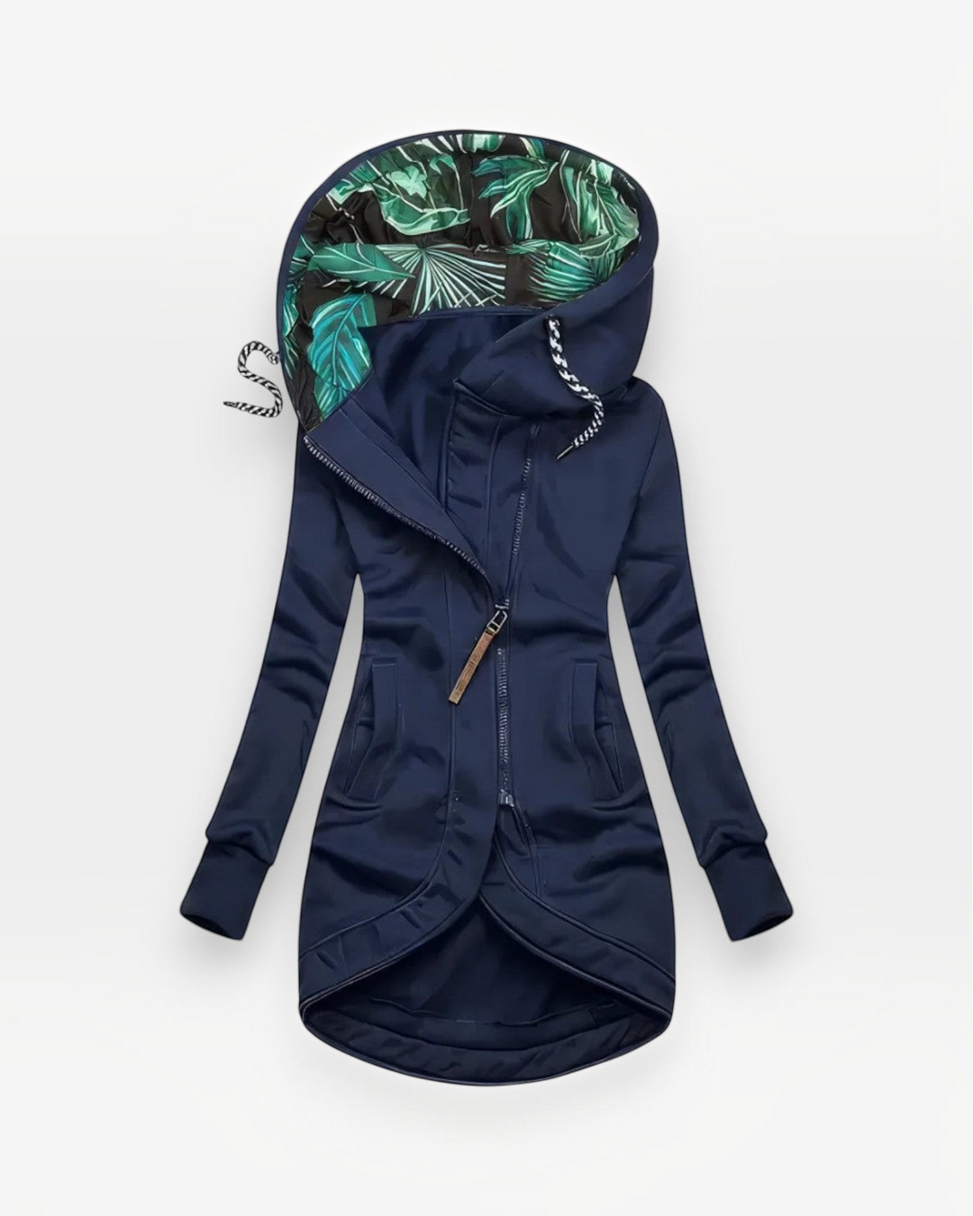 Luna Moda navy blue fitted coat with a tropical leaf print hood lining and asymmetrical front zipper