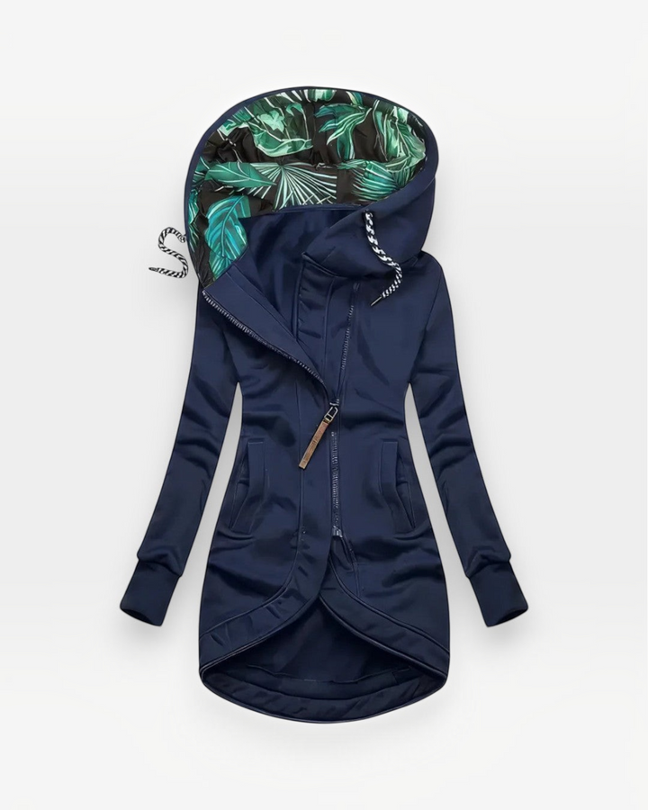 Luna Moda navy blue fitted coat with a tropical leaf print hood lining and asymmetrical front zipper