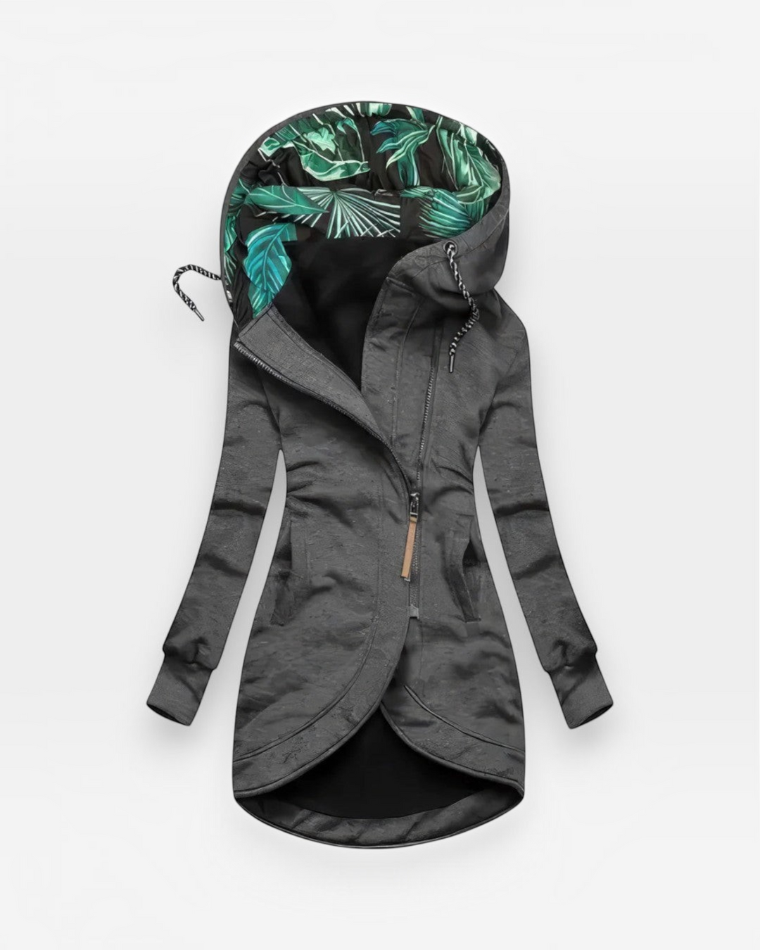 Luna Moda charcoal grey fitted coat with an asymmetrical zip and a hood featuring a green tropical leaf print lining