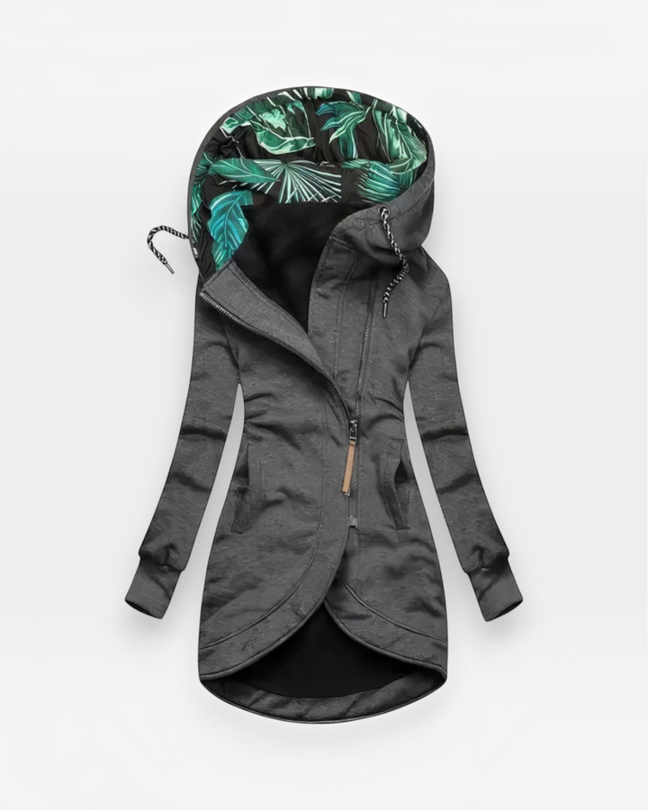 Luna Moda charcoal grey fitted coat with an asymmetrical zip and a hood featuring a green tropical leaf print lining