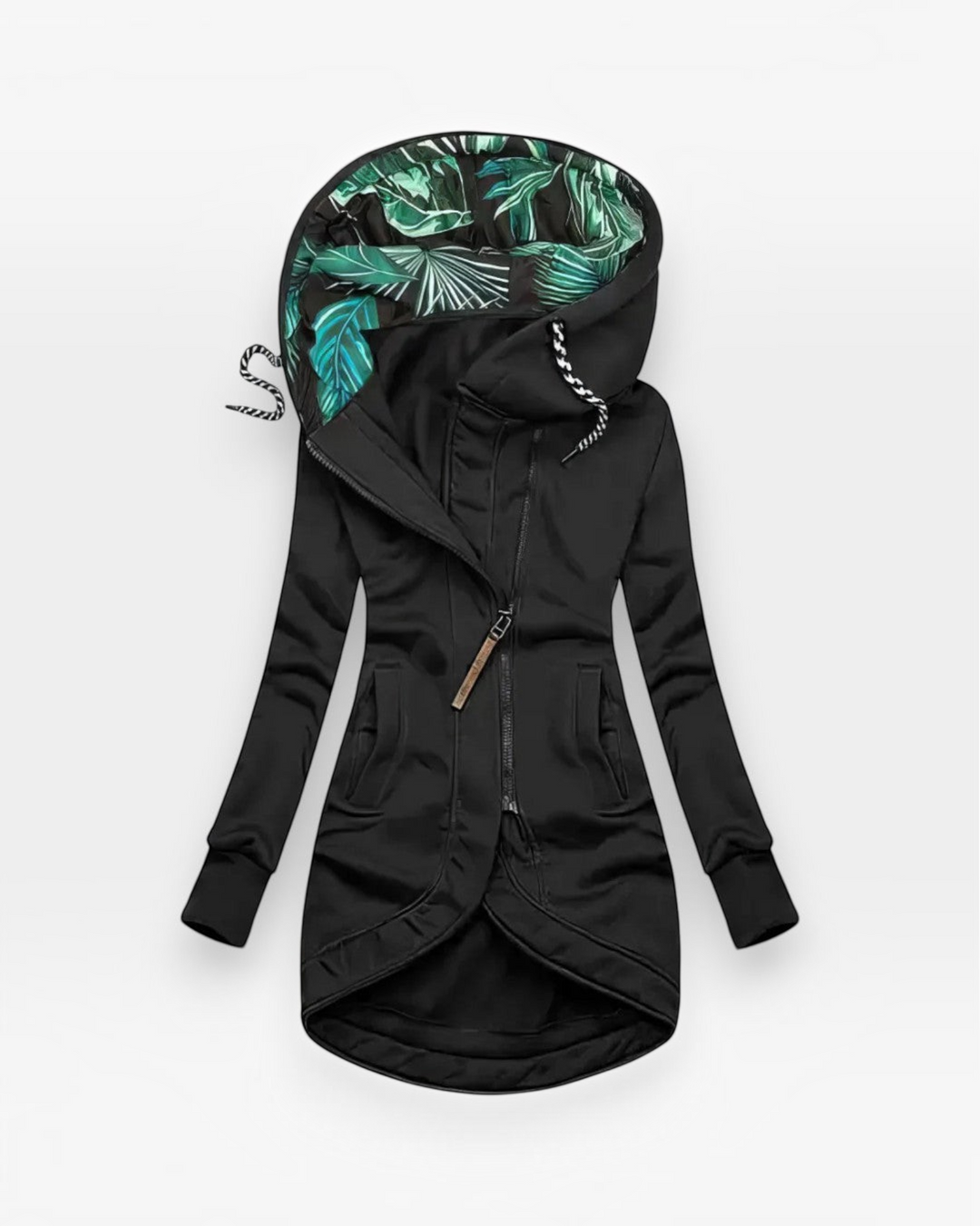 Luna Moda LEONILDA black fitted coat with a tropical leaf print hood lining and front zip closure