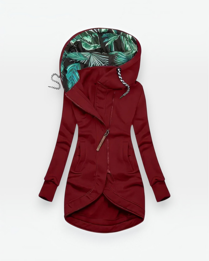 Luna Moda burgundy hooded coat with a tropical leaf print lining and asymmetrical zipper closure