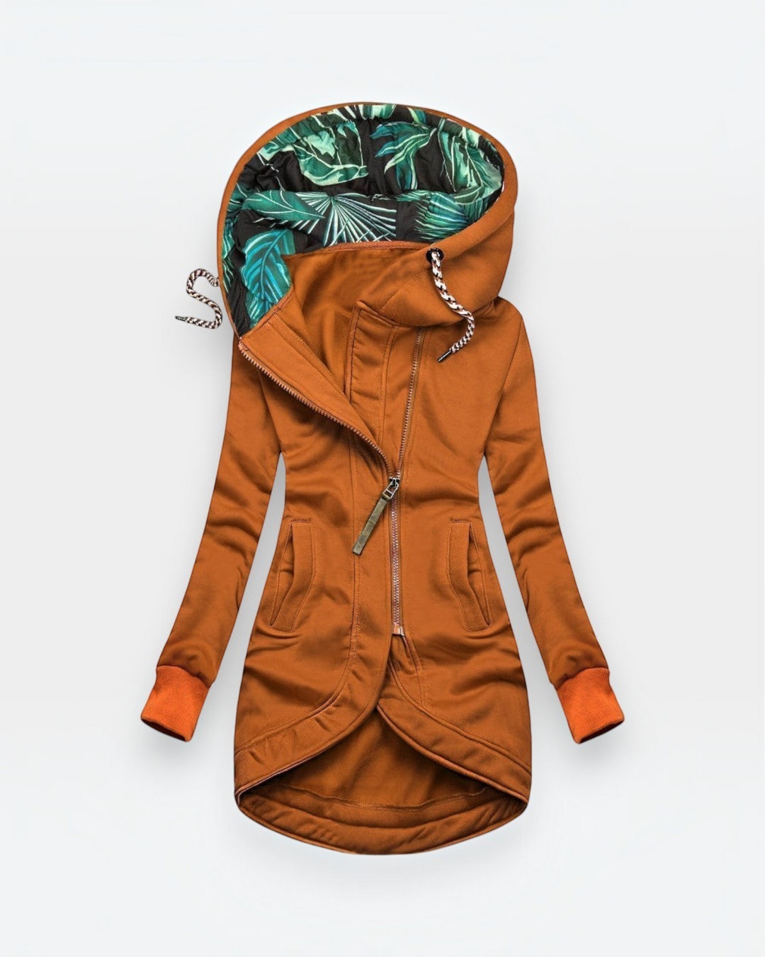 Luna Moda brown fitted coat with a high collar, asymmetrical zip, and a green tropical leaf print hood lining.