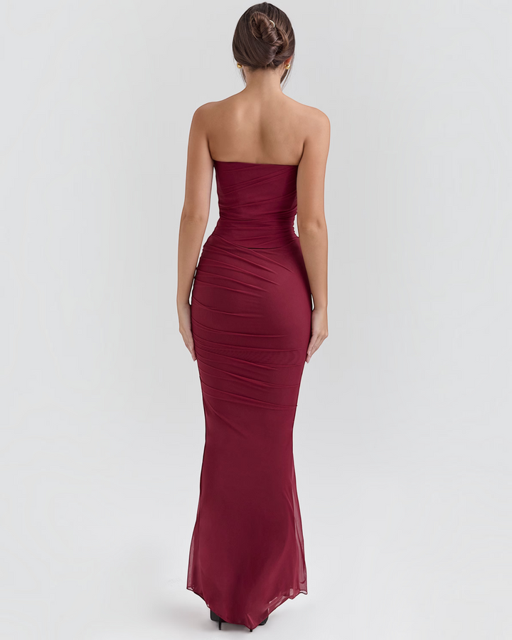 Luna Moda Seraphina burgundy mesh corset dress with draped bodice and floor-length silhouette, back view