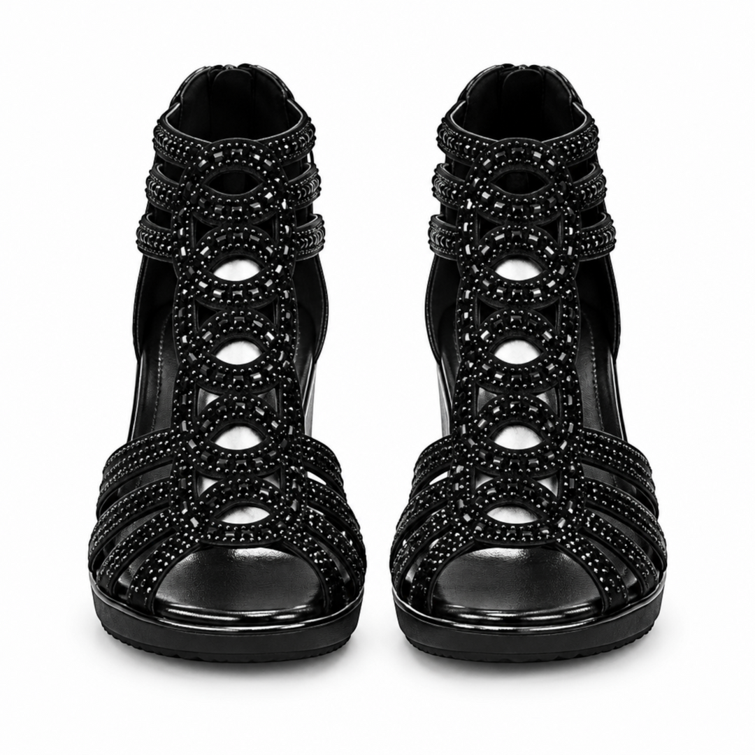 Luna Moda Mariana black orthopedic sandals with decorative circular rhinestone embellishments and back zipper