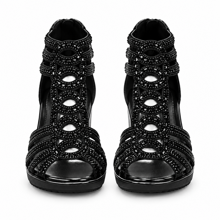 Luna Moda Mariana black orthopedic sandals with decorative circular rhinestone embellishments and back zipper