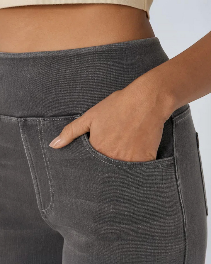 Luna Moda high-waisted grey stretch jeans with a smooth waistband and front pocket detail