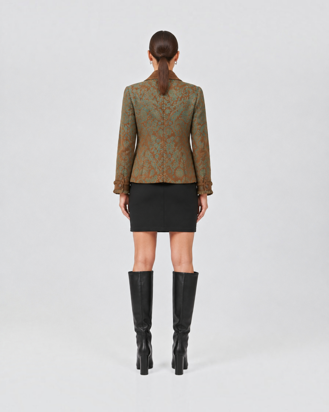 Luna Moda Grace paisley print coat in caramel and turquoise with ruffled cuffs, back view on a model