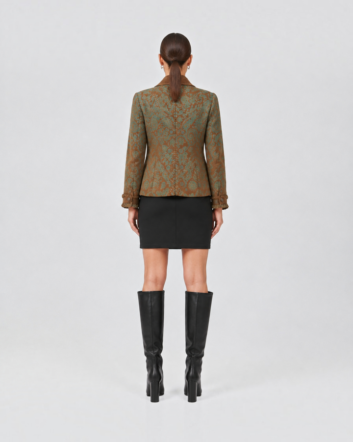Luna Moda Grace paisley print coat in caramel and turquoise with ruffled cuffs, back view on a model
