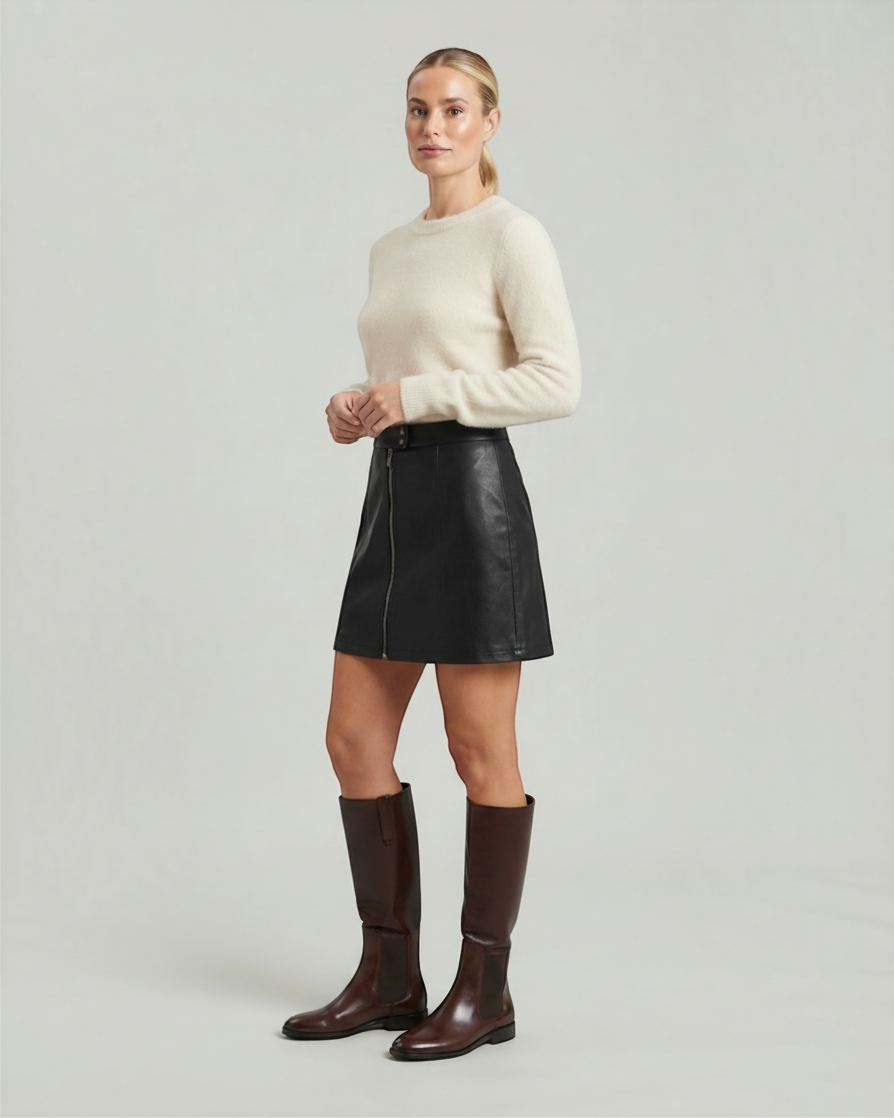 EDDA – Minigonna nera in pelle vegana con zip frontale