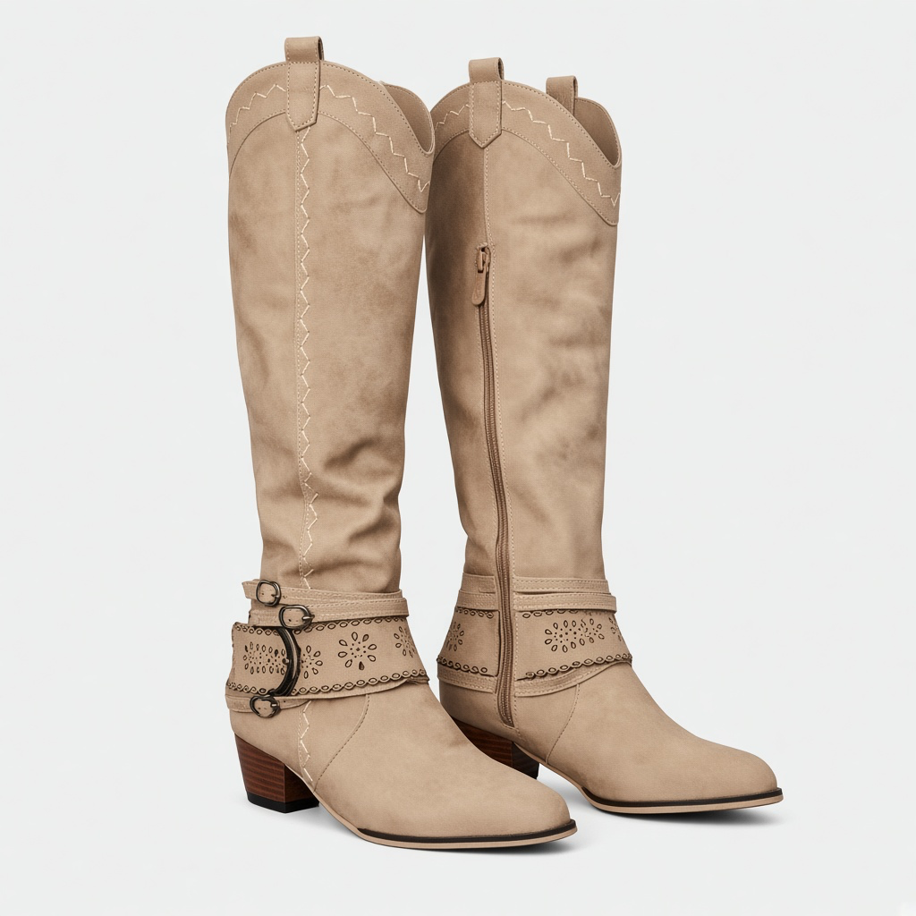 Luna Moda beige suede cowboy boots with decorative buckles, side zipper, and intricate stitching details.